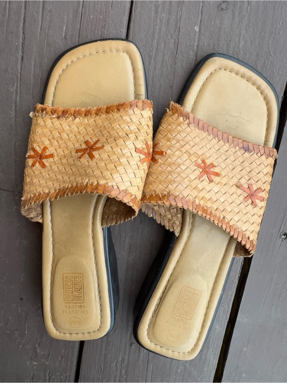 Woven Leather Slide Sandals in Tan